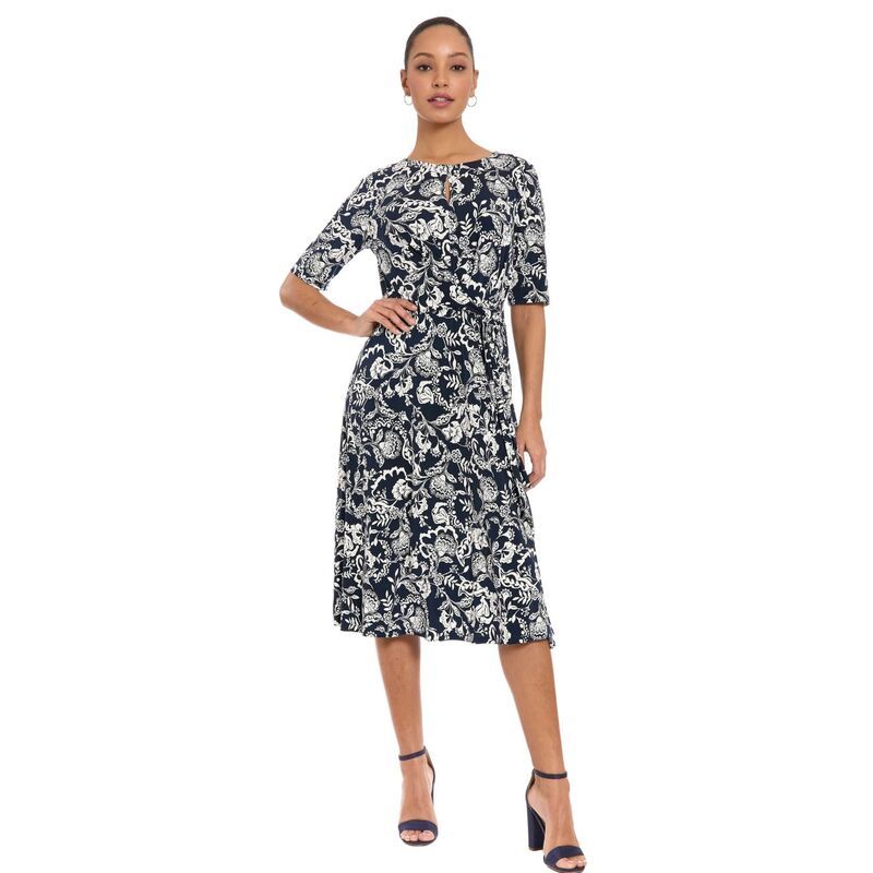 ロンドンタイムス レディース トップス ワンピース ミディ Womens London Times Elbow Sleeve Side Tie Fit Flare Midi Navy White ホワ