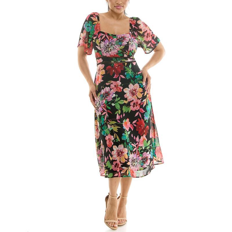 ニナレオナルド レディース トップス ワンピース フラワー柄 フラワー Womens Nina Leonard Floral Flutter Sleeve Sweetheart Neck Dress