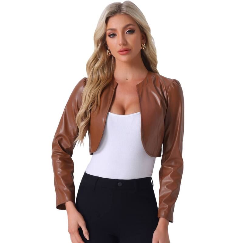 アレグラ ケー レディース アウター ジャケット・ブルゾン カーディガン クロップド レザー ALLEGRA K Womens PU Bolero Shrug Open Front Leather C