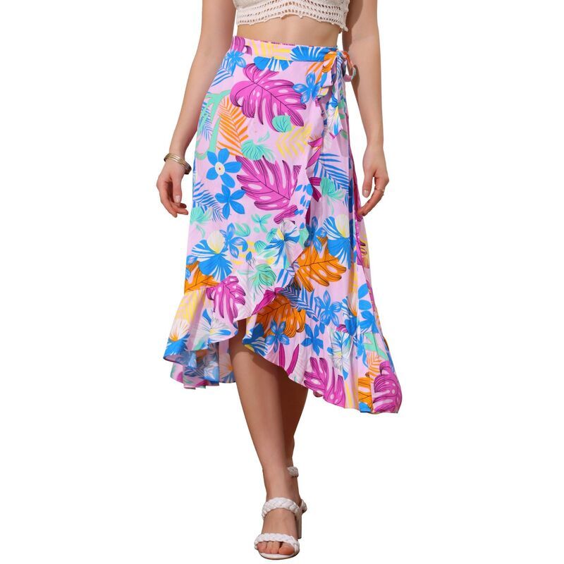 アレグラ ケー レディース ボトムスカート フラワー柄 プリント フリル ミディ フラワー ALLEGRA K Womens Floral Print Ruffle Self Tie Knot Spl