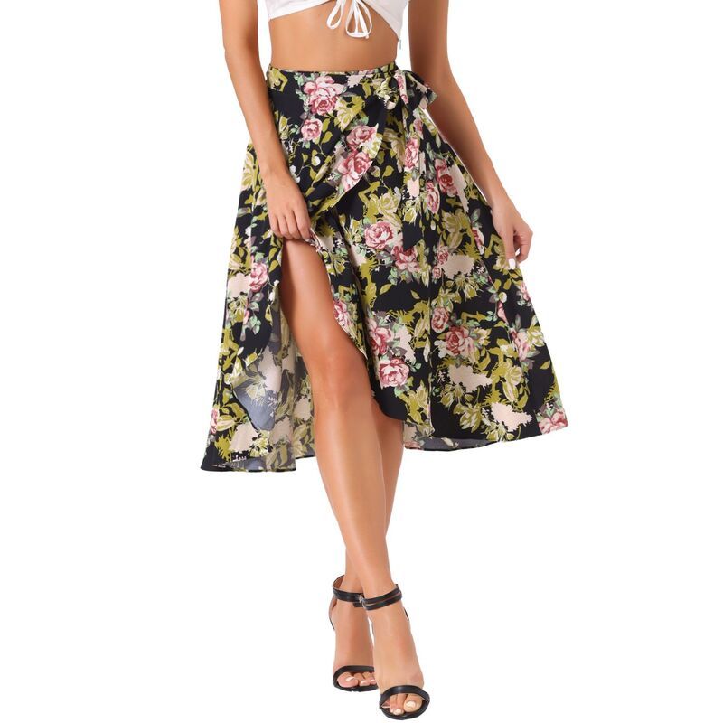アレグラ ケー レディース ボトムスカート フラワー柄 ミディ フラワー ALLEGRA K Womens Floral Boho Midi Wrap Skirt Black Pink ブラック