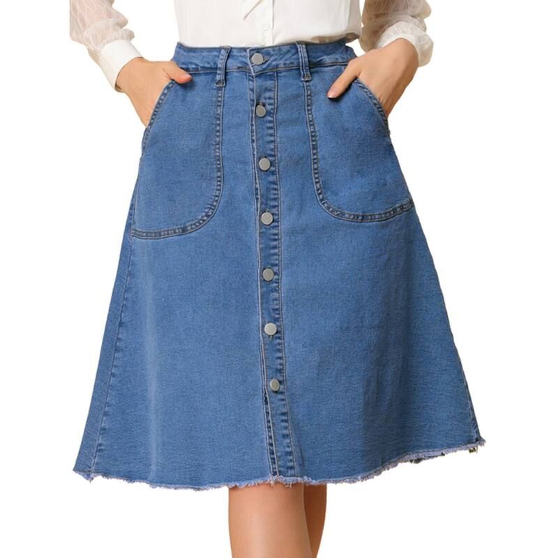 アレグラ ケー レディース ボトムスカート ボタンダウン A ライン ミディ ダウン デニム ジーンズ ALLEGRA K Womens Denim Skirt Raw Hem Button Down