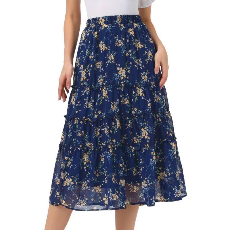 アレグラ ケー レディース ボトムスカート ティアード フラワー柄 プリント フリル マキシ フラワー ALLEGRA K Womens Floral Print Elastic Waist Ruff