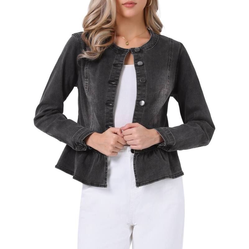 アレグラ ケー レディース アウター ジャケット・ブルゾン ボタンダウン フリル ダウン クロップド デニム ALLEGRA K Womens Round Neck Button Down Ruffl
