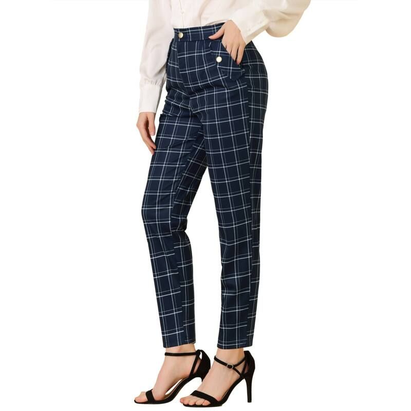 アレグラ ケー レディース ボトムス カジュアルパンツ ハイウエスト ALLEGRA K Womens Tartan Plaid Pants Elastic High Waistraight Long