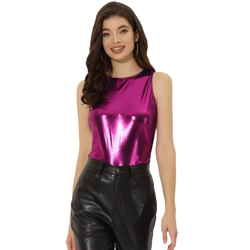 アレグラ ケー レディース トップス Tシャツ クルーネック トール ノースリーブ ALLEGRA K Womens Metallicrew Neck Sleeveless Cam Tank Top