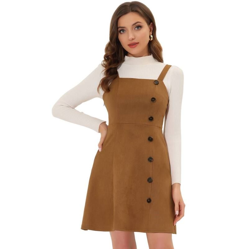 アレグラ ケー レディース トップス ワンピース A ライン ミニ オーバーオール スエード ALLEGRA K Womens Faux Suede Button Decor ALine Mini O