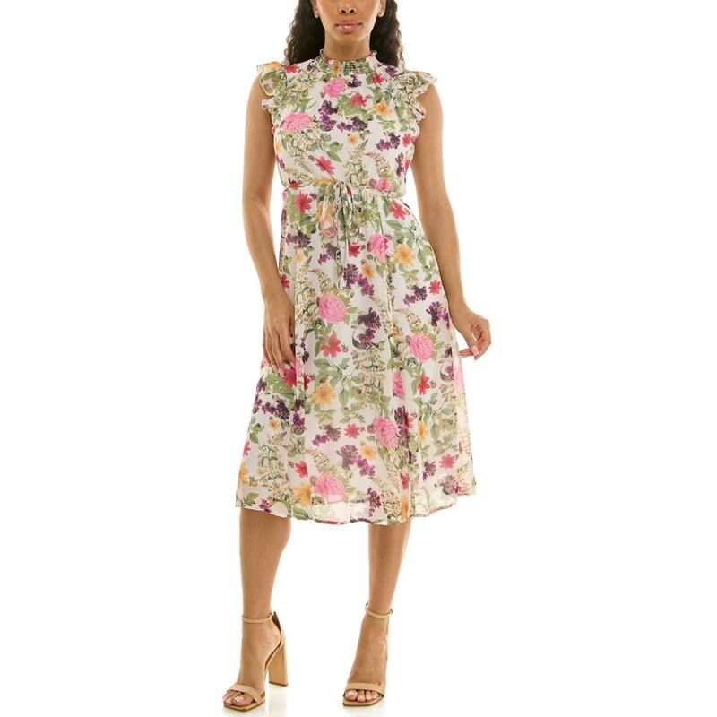 ニナレオナルド レディース トップス ワンピース プリント シャーリング Womens Nina Leonard Smocked Flutter Sleeve Print Dress Pink Mul