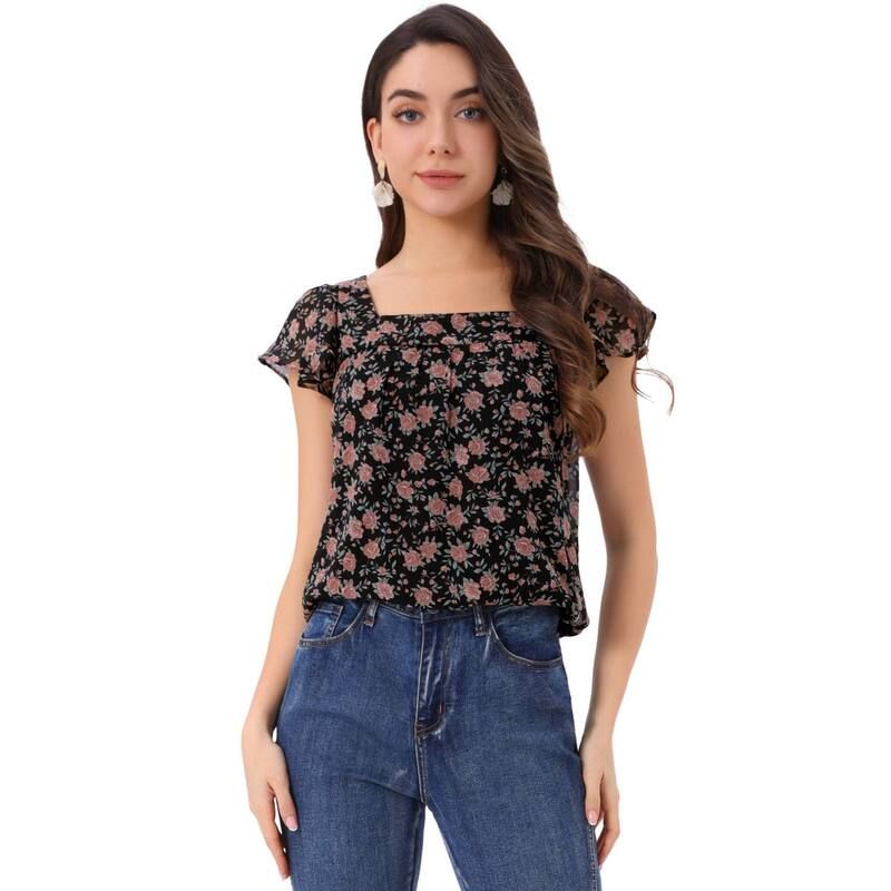 アレグラ ケー レディース トップス シャツ ヴィンテージ シフォン フラワー柄 プリント フリル ブラウス フラワー ALLEGRA K Womens Chiffon Ruffle Sleeve V