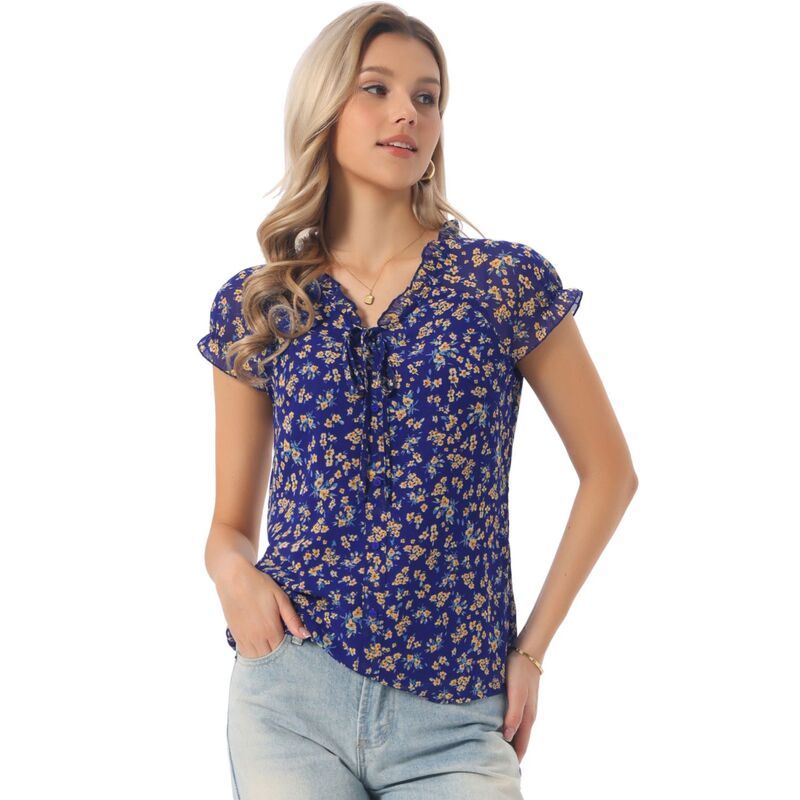 アレグラ ケー レディース トップス シャツ Vネック シフォン フラワー柄 フリル ブラウス フラワー ALLEGRA K Womens Blouse V Neck Ruffle Floral Sh