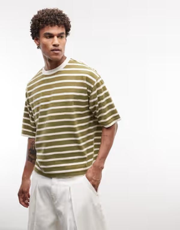 エイソス メンズ トップス Tシャツ パイル ASOS DESIGN heavyweight boxy oversized Tshirt stripes terrycloth Khaki stripe