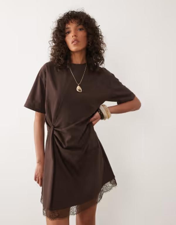 エイソス レディース トップス ワンピース ミニ レース ASOS DESIGN wrapped waist mini dress with lace hem in chocolate チョコレート