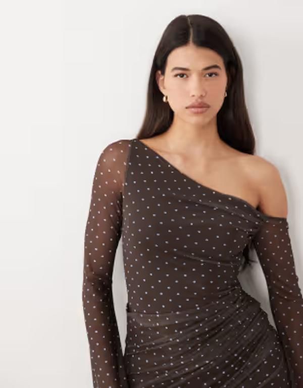 エイソス レディース トップス ワンピース プリント ミニ メッシュ オフショルダー ASOS DESIGN printed mesh offshoulder mini dress with ange