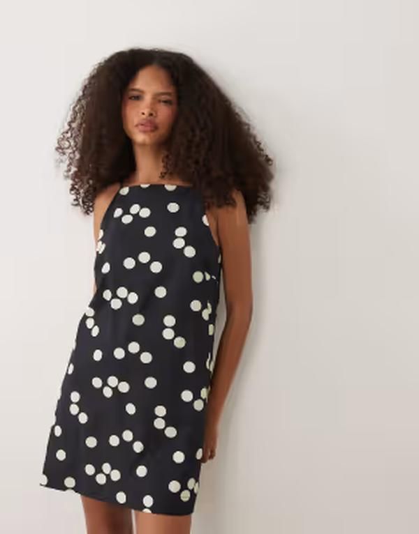 エイソス レディース トップス ワンピース ドット柄 ドット プリント ミニ リネン ASOS DESIGN mini shift linen blendress in polka dot print