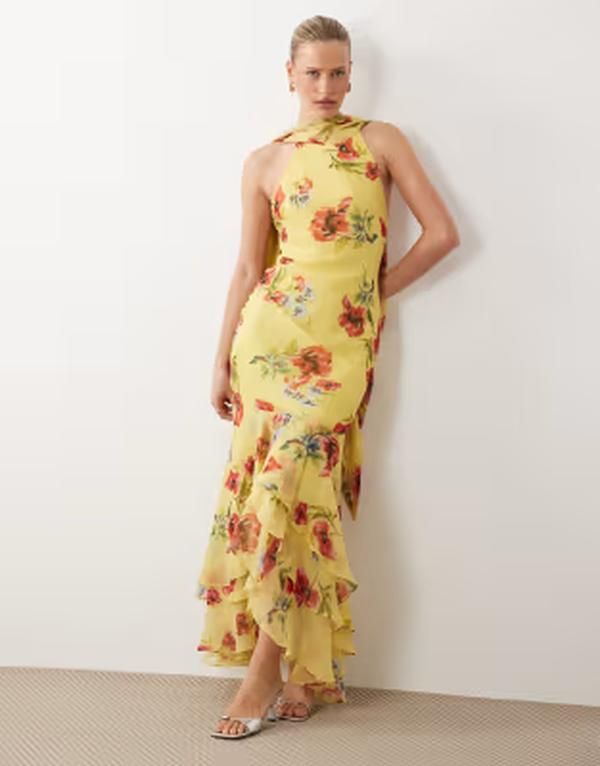 エイソス レディース トップス ワンピース フリル裾 フラワー柄 フリル マキシ フラワー ホルター ASOS DESIGN halter maxi dress with scarf detail a