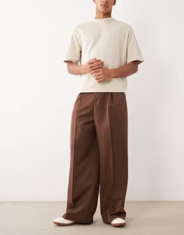 エイソス メンズ ボトムス カジュアルパンツ プリーツ ASOS DESIGN smart pleated loose leg pants in dark brown ブラウン