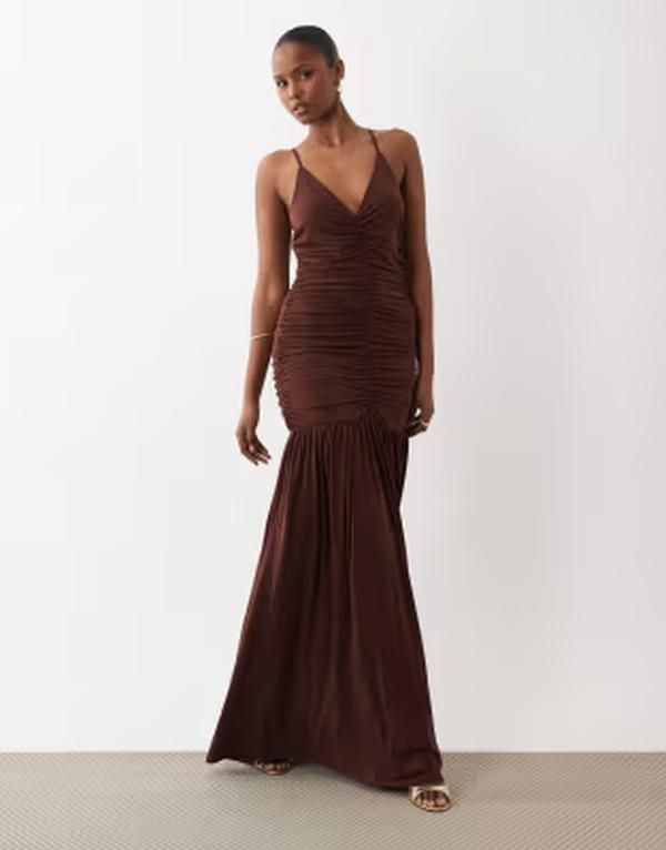ヴィラ レディース トップス ワンピース ギャザー マキシ VILA slinky ruched cami maxi dress in chocolate Shaved Chocolate チョコレー