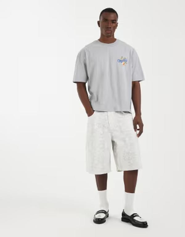 エイソス メンズ トップス Tシャツ グラフィック ASOS DESIGN boxy oversized Tshirt with fruit graphic heather Gray Heather
