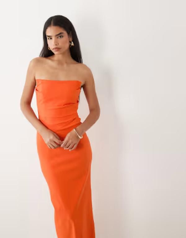 ベスパー レディース トップス ワンピース ギャザー マキシ Vesper bengaline squaredge ruched front maxi dress in orange オレンジ