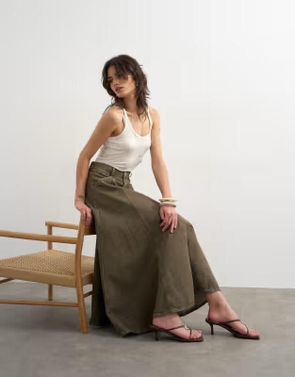 トップショップ レディース ボトムスカート デニム マキシ Topshop denim circle seamed maxi skirt in olive オリーブ