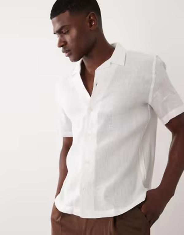 マンゴ メンズ トップス シャツ リネン Mango 100 linen short sleeve shirt WHITE ホワイト