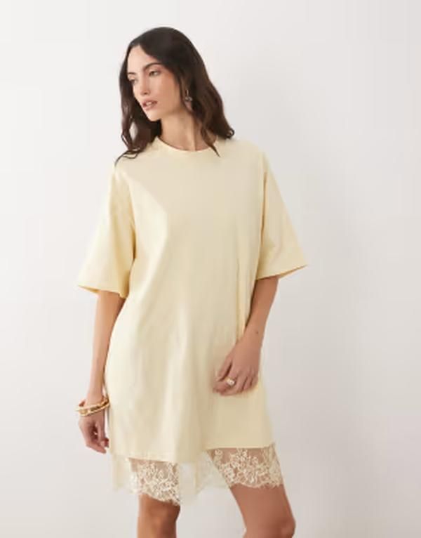 エイソス レディース トップス ワンピース ミニ レース ASOS DESIGN oversized mini dress with lace hem trim in pastel yellow Pa