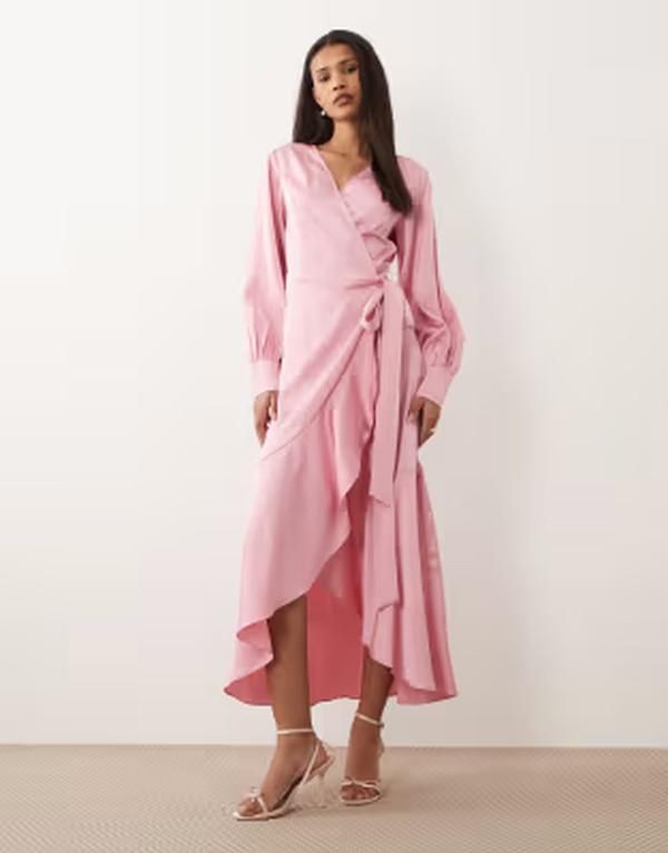 ヴィラ レディース トップス ワンピース ミディ サテン VILA long sleeve satin wrap midi dress in light Sea pink ピンク