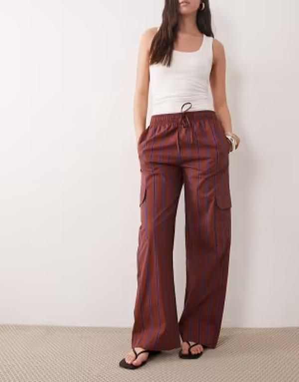 マンゴ レディース ボトムス カジュアルパンツ Mango pleat front baggy pantstripe BROWN ブラウン