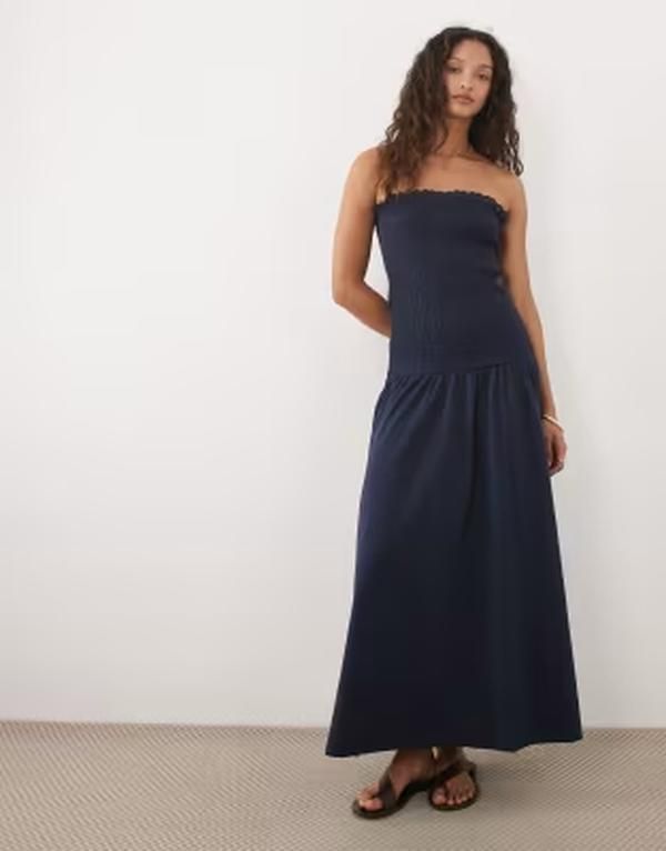 マンゴ レディース トップス ワンピース Tシャツ マキシ Mango Teen drop waist crinkle maxi dress NAVY ネイビー