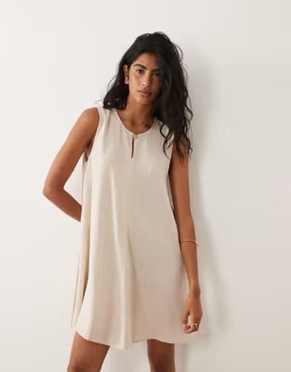 ジェイディーワイ レディース トップス ワンピース プリーツ ミニ リネン JDY linen blend pleated mini dress in oatmeal STONE ストーン