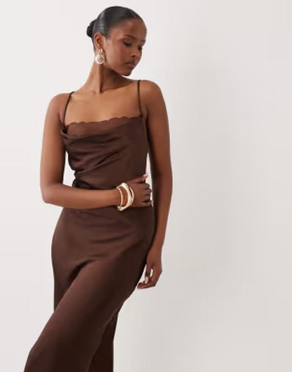 ヴィラ レディース トップス ワンピース サテン レース マキシ VILAce insert cowl neck satin cami maxi dress in chocolate Shaved C