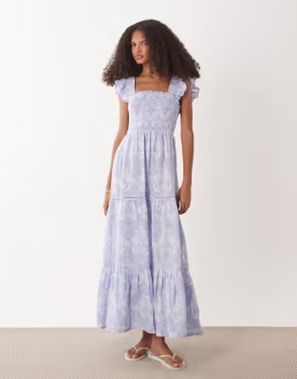 アクセサライズ レディース トップス ワンピース フラワー柄 プリント ミディ フラワー Accessorize floral print midi beach dress LIGHT BLUE ブル
