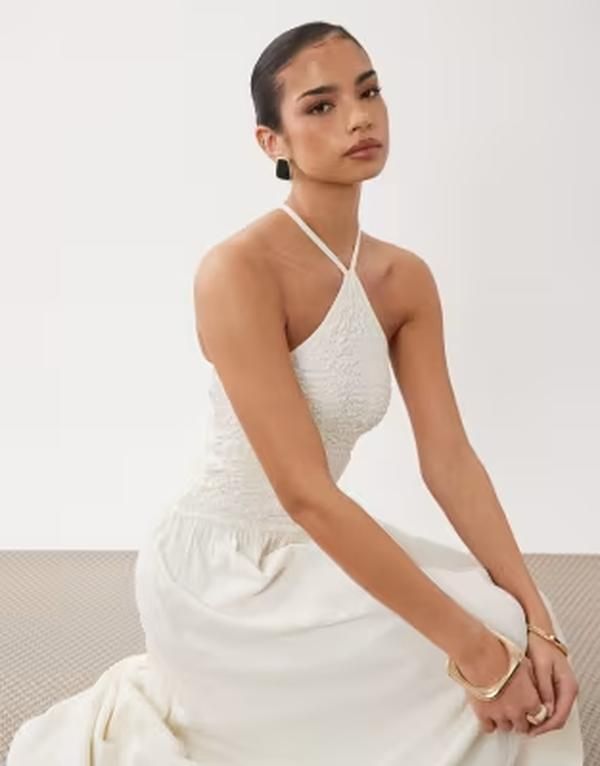 エイソス レディース トップス ワンピース ミディ ホルター ASOS DESIGN crinkle cami halter midi dress in cream クリーム