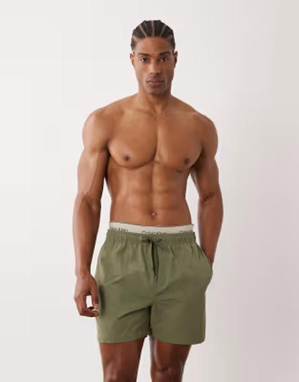 カルバンクライン メンズ 水着 ハーフパンツ・ショーツ ショートパンツ ロゴ Calvin Klein logo waistbandrawstring swim shorts Deep lichen