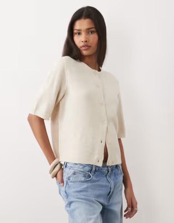 ヴィラ レディース アウター カーディガン ニット VILA short sleeve soft knit cardigan in heathered cream Birch melange クリーム
