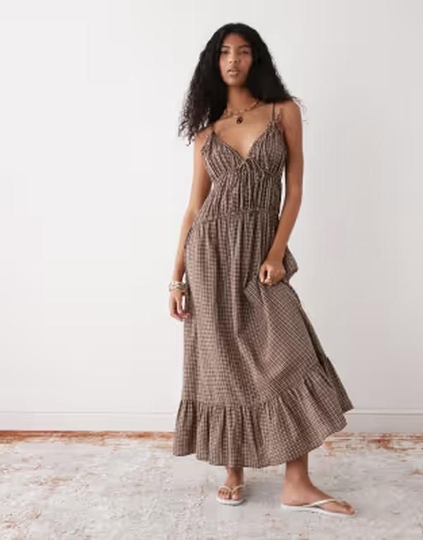 コルージョン レディース トップス ワンピース マキシ COLLUSION channel detail cami maxi dress check BROWN ブラウン