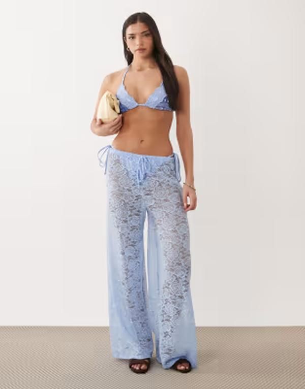 サウスビーチ レディース ボトムス カジュアルパンツ ワイドレッグ レース South Beach lace wide leg pants in dusky Blue ブルー