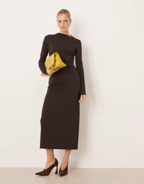 マンゴ レディース トップス ワンピース マキシ Mango slash neck long sleeve maxi dress in chocolate チョコレート
