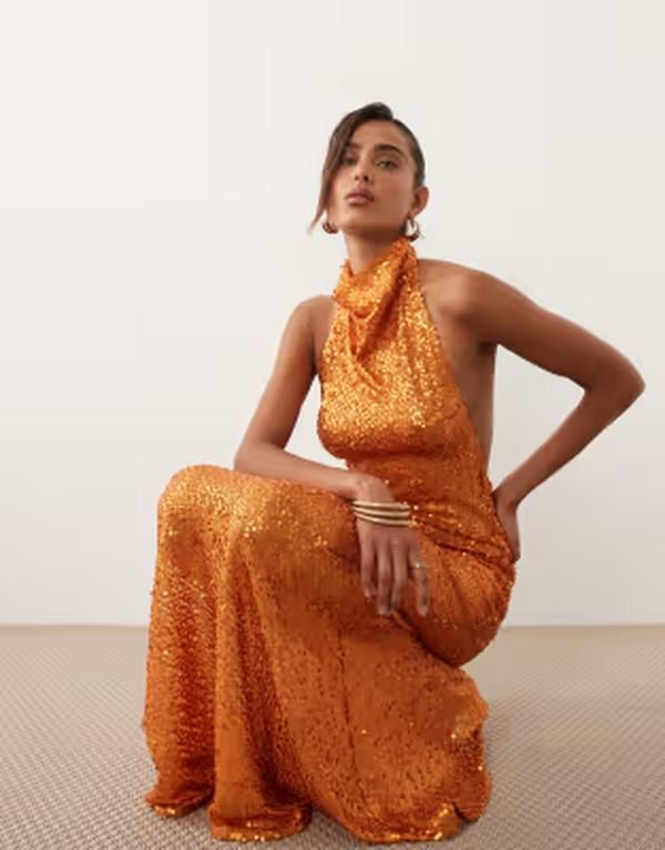 エイソス レディース トップス ワンピース シアー スパンコール マキシ ホルター ASOS DESIGN embellished sheer sequin halter maxi dress in