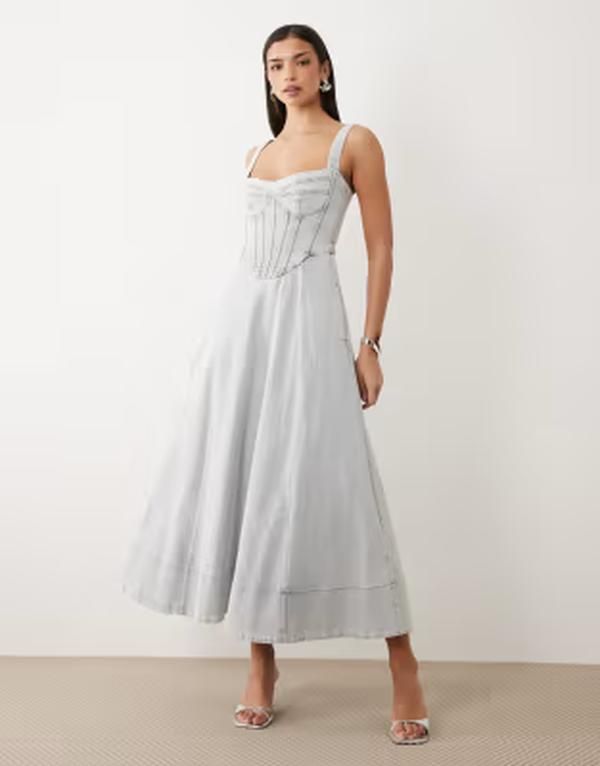 バードット レディース トップス ワンピース デニム マキシ Bardot Lilah denim corset detail maxi dress in light Blue Denim デニム