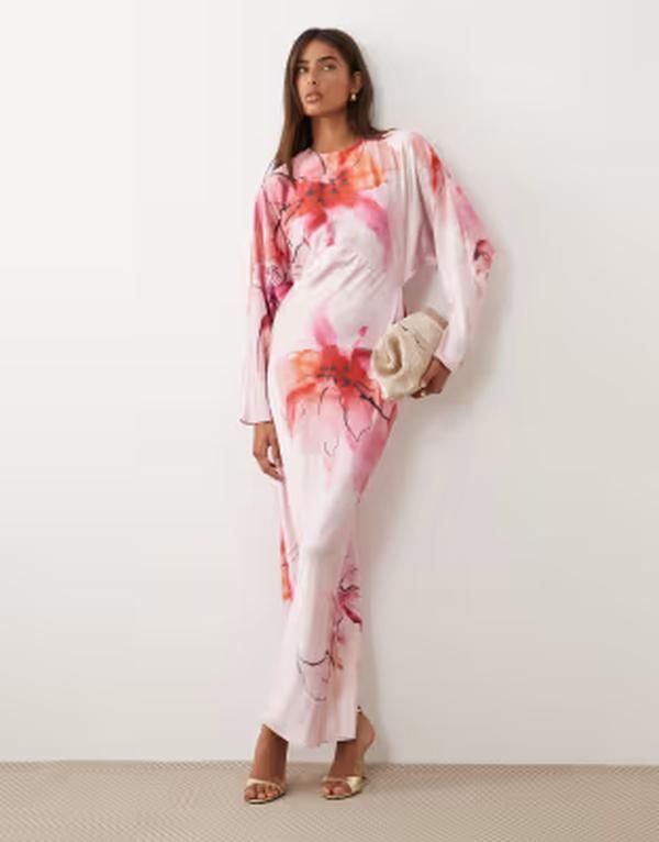 エイソス レディース トップス ワンピース フラワー柄 プリント サテン マキシ フラワー ASOS DESIGN satin batwing maxi dress floral print Pink