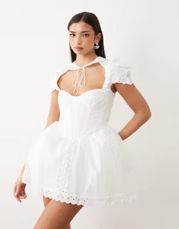 バードット レディース トップス ワンピース ミニ Bardot Allington broderie corset puff sleeve tie collar detail mini dress