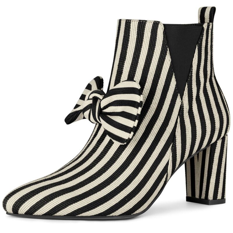 アレグラ ケー レディース シューズ ブーツ・レインブーツ アンクル ヒール ALLEGRA K Womens Pointed Toe Bow Striped Chunky Heels Ankle B