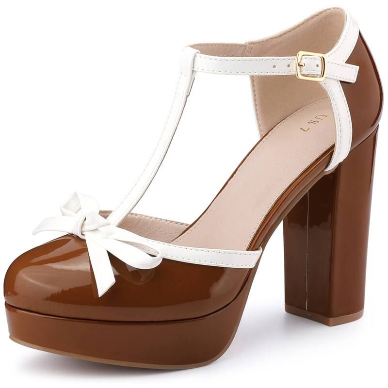 アレグラ ケー レディース シューズ パンプス プラットフォーム ヒール ALLEGRA K Womens Platform Bow T Strap Chunky Heels Pumps Brown