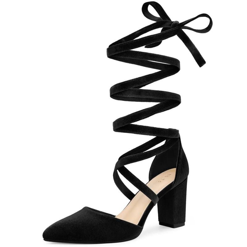 アレグラ ケー レディース シューズ パンプス ベルベット レース ヒール ALLEGRA K Womens Velvet Lace Up Chunky Heels Pointed Toe Pumps