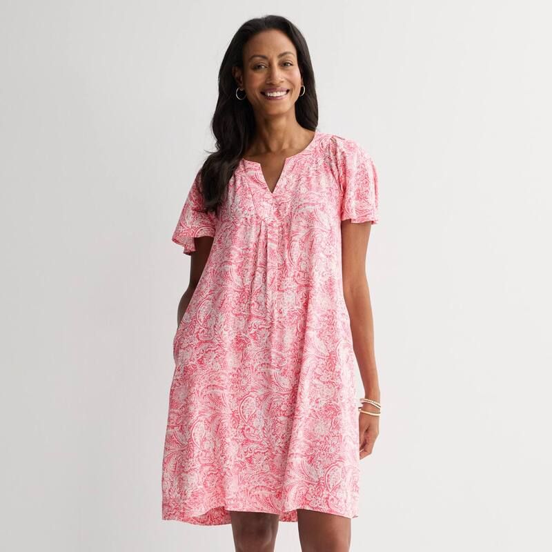 クロフト＆バロー レディース トップス ワンピース Womens Croft Barrow Flutter Sleeve Split Neck Dress Pink Boho Batik ピンク
