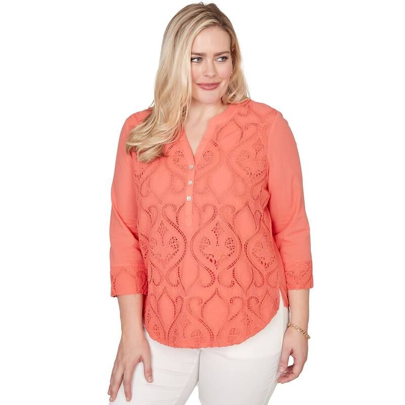 アルフレッド ダナー レディース トップス Tシャツ プチ レース Petite Alfredunner Textured Lace Scroll Henley Top Tangerine タンジェリ 10,345円