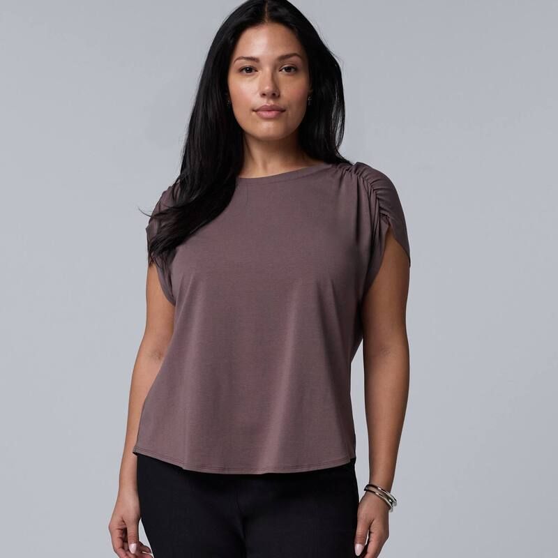 ヴェラウォン レディース トップス Tシャツ プラスサイズ ギャザー Plusize Simply Vera Wang Ruched Shoulder Tee Plum Larue プラム