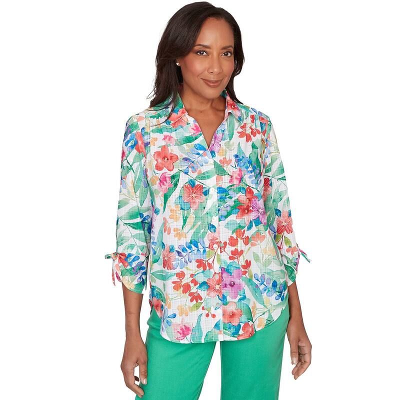 アルフレッド ダナー レディース トップス シャツ プチ プリント Petite Alfredunner Tropical Printie Sleeve Button Frontop Green Mu