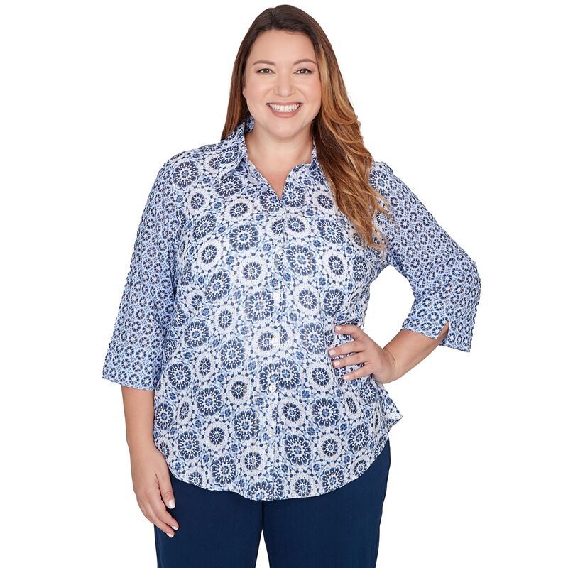 アルフレッド ダナー レディース トップス シャツ プラスサイズ Plusize Alfredunner Geometric ButtonFront Collared Top Blue Multi ブ